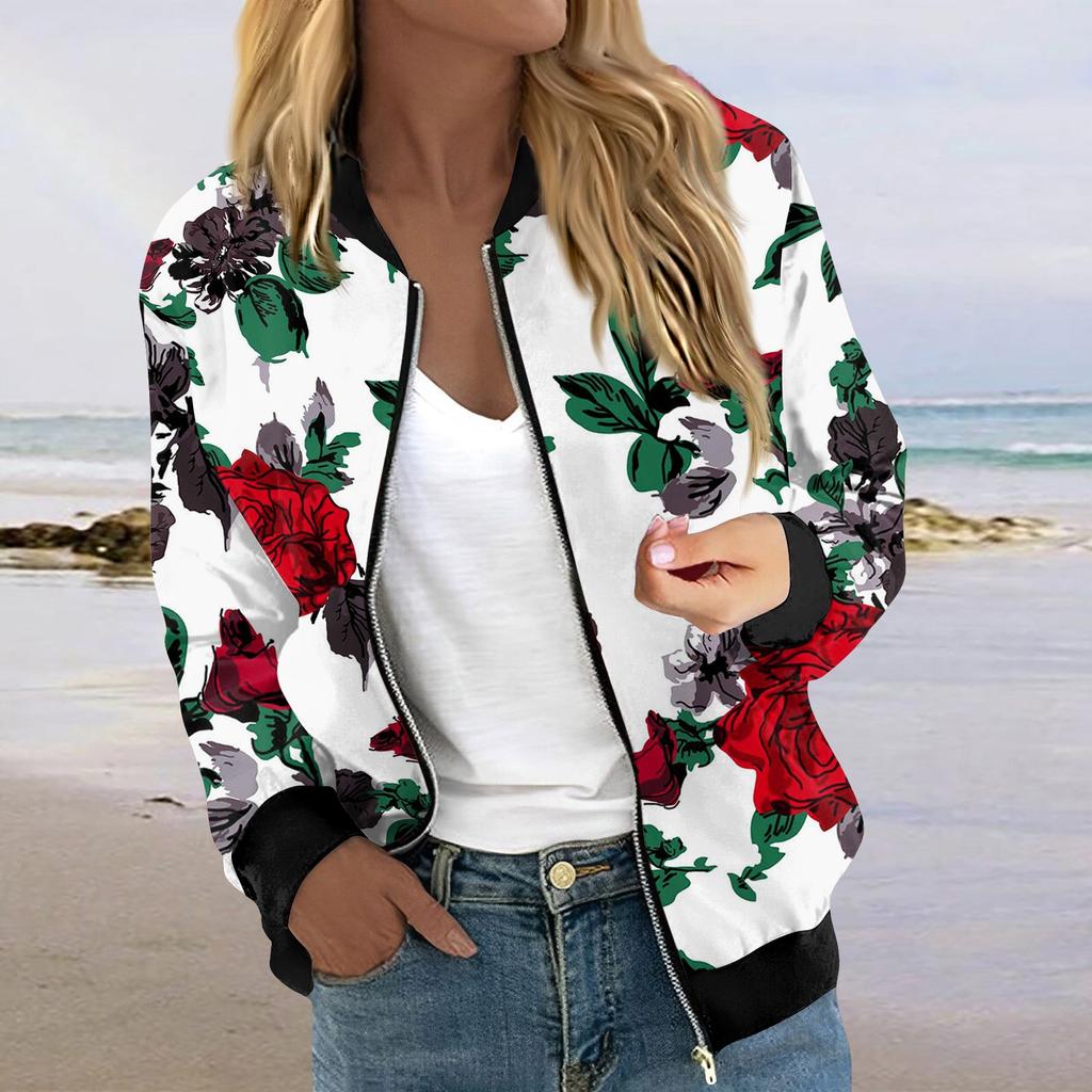 Куртки для женщин, легкие укороченные куртки с длинным рукавом на молнии, модная верхняя одежда с принтом, повседневные стеганые куртки с карманами