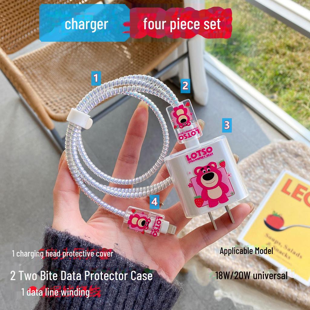 Комплект защиты кабеля данных Apple: Зарядная головка 20 Вт, прозрачный мультяшный дизайн, набор из 4 предметов