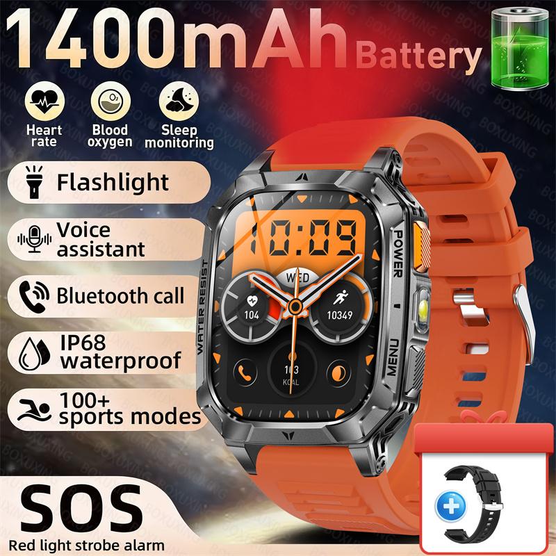 Rugged Outdoor Smart Watch 1400mAh 2.01" HD Screen Bluetooth Call GPS IP68 Waterproof Flashlight SOS Fitness Watch for Men