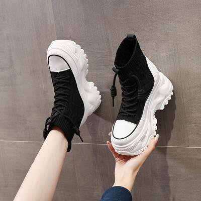 8 см Женские 2024 Осень и Зима Новые На толстой подошве Сапоги до середины икры Внутренние Носки для увеличения роста Белая обувь с маффином