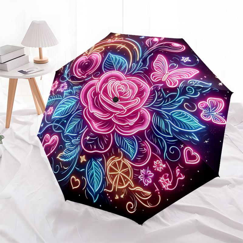 Neon Rose Butterfly Heart Outdoor Umbrella - Automatic Open/Closed, Portable Folding Design, 8-Bone Iron Frame, Festival Gift for Fans, Trav