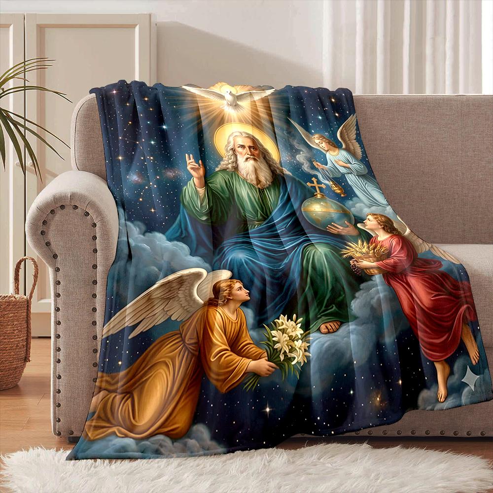 1PC Holy Father with angels Faith-printed Flannel Blanket Soft and Warm Suitable for Home Travel Picnics Camping and RV Use