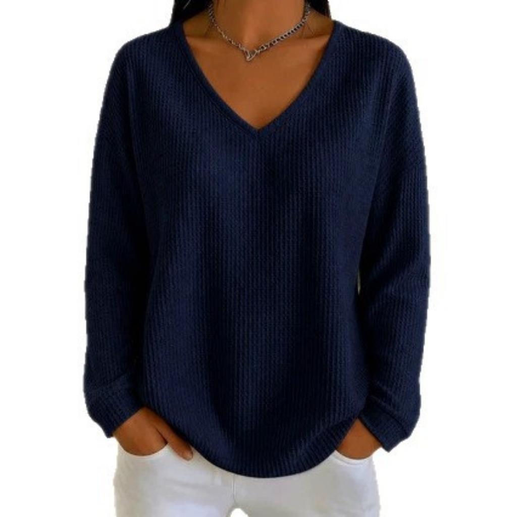 Fall Winter Women's Loose Waffle V-Neck Long Sleeve T-Shirt, Solid Casual Versatile Top for European American