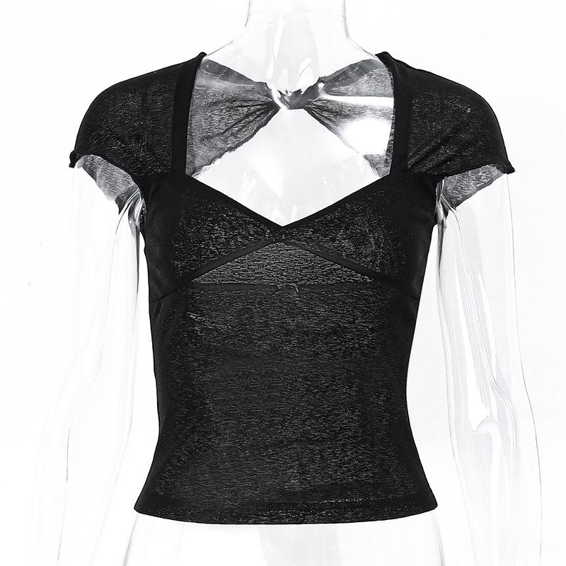 Летние сексуальные топы с квадратным воротником и открытой спиной для женщин, укороченные элегантные футболки с короткими рукавами, облегающая уличная одежда