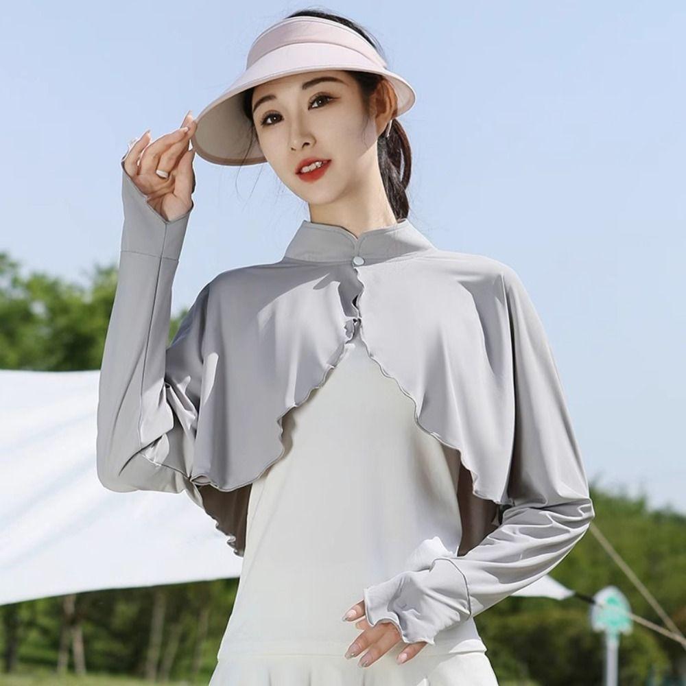 Solid Color Sun Protection Clothing Long Sleeve Ice Silk Cape Long Sleeve Crop Top Sun Protection