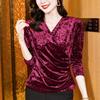 Plus Size Gold Velvet V-Neck Long Sleeve Shirt - Women's Autumn/Winter 2025 Collection