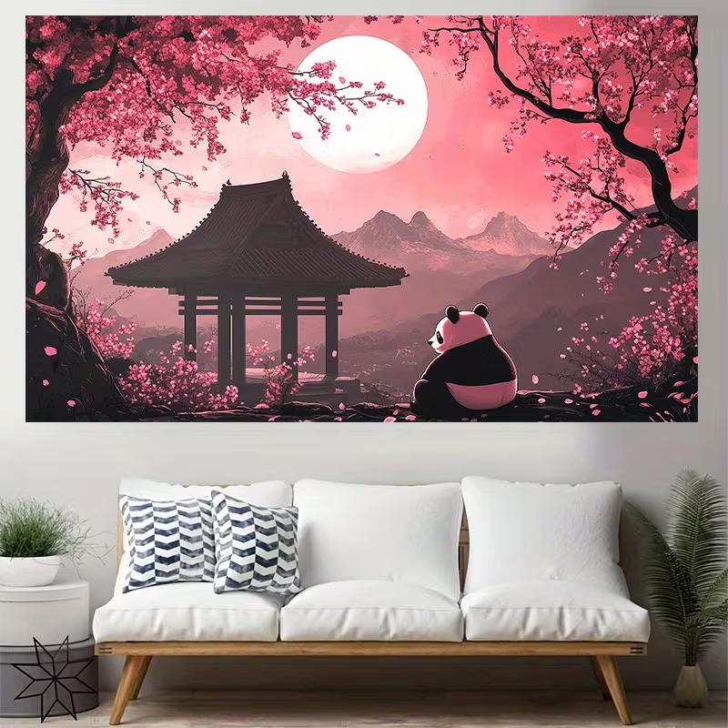 2D Traditional Chinese Pagoda Floral Panda Wall Hanging