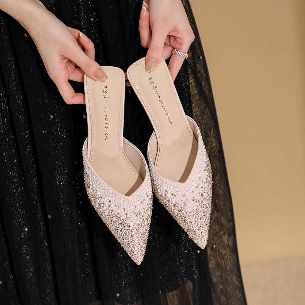 Туфли-полуботинки Баотоу для женской летней носки, новые туфли на тонком каблуке-шпильке с острым носком и стразами, модные женские сандалии