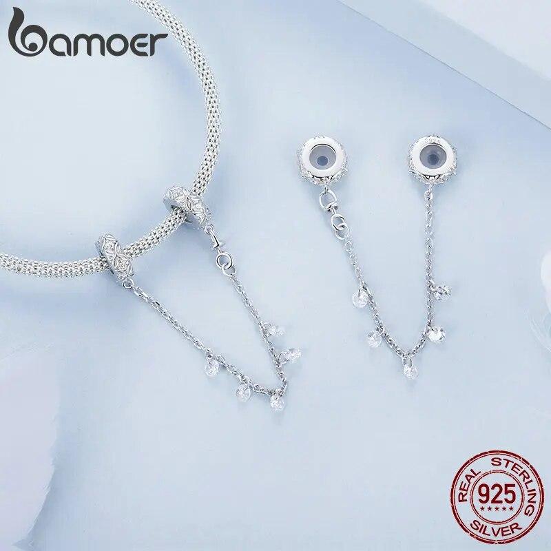 BAMOER Dainty Стерлинговое Серебро 925 пробы Тисненый Силиконовый Шарм CZ Защитная Цепочка для Женщин подходит Оригинальный Браслет Изящных Ювелирных Изделий