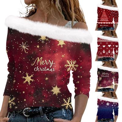Женские топы с длинным рукавом, модные женские свободные пуловеры с рождественским принтом и открытыми плечами