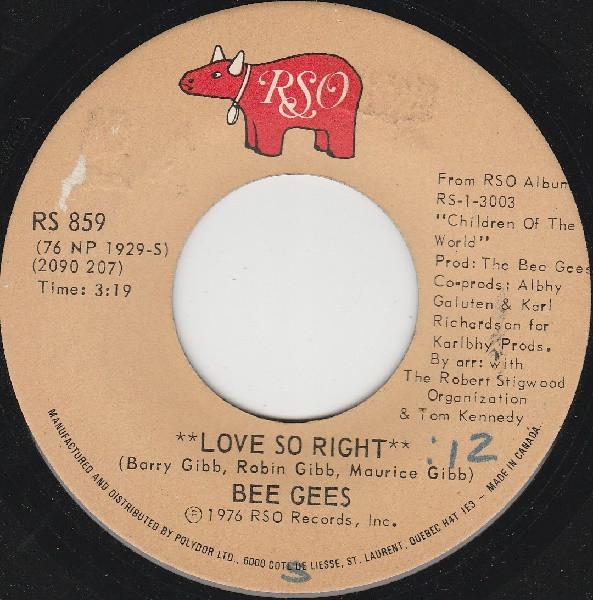 7-дюймовая пластинка BEE GEES - Love So Right / You Stepped Into My RS859 RSO 1976 Канада Соул/Фанк Б/У
