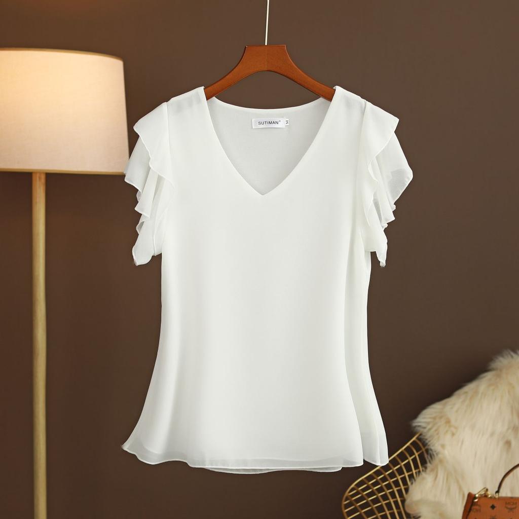 Летняя женская свободная универсальная шифоновая блузка с короткими рукавами и v-образным вырезом больших размеров, женская футболка