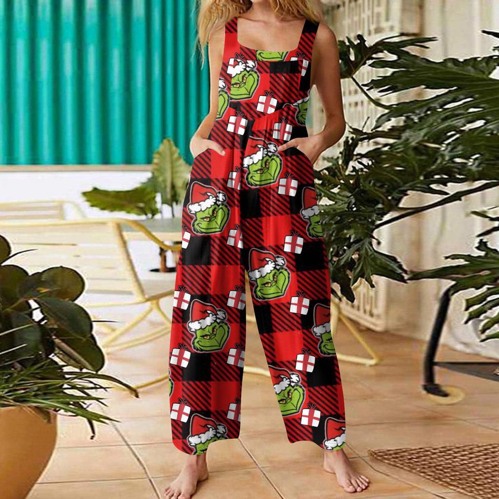 Women's Casual Loose Jumpsuit Christmas Print Wide Leg Jumpsuit Sleeveless With Pockets