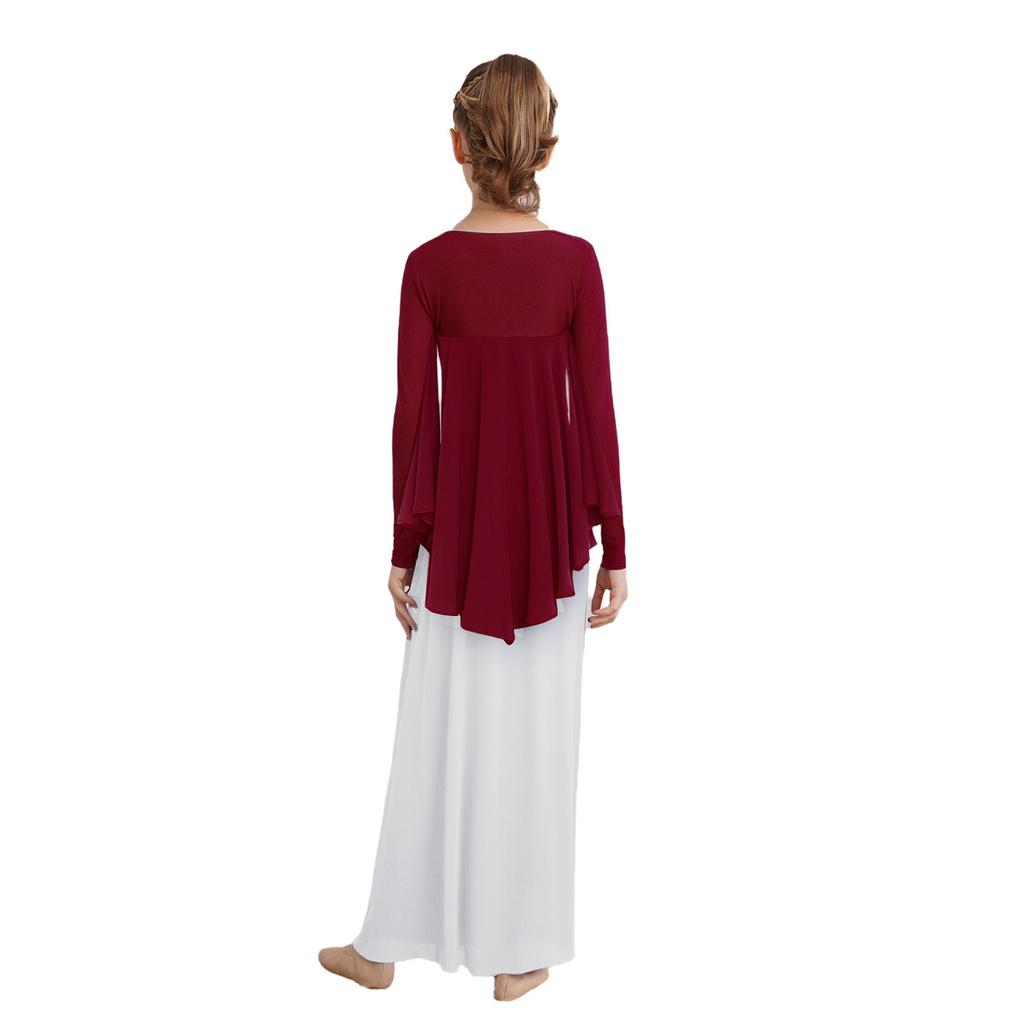 Топ для выступлений для девочек, стиль с открытой передней частью, неровный подол, болеро с крыльями ангела, соревновательный наряд