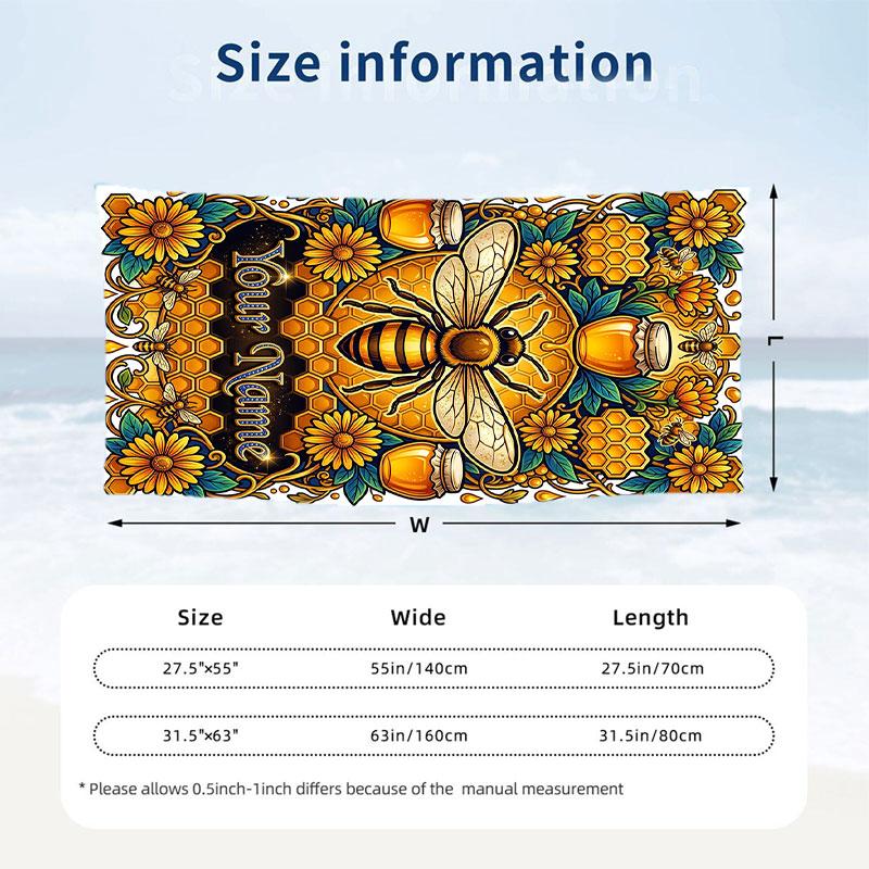 Golden Honey Bee Art Theme Quick Dry Beach Towel Custom Name Text Print Large Sand Resistant Towel Beach Vacation
