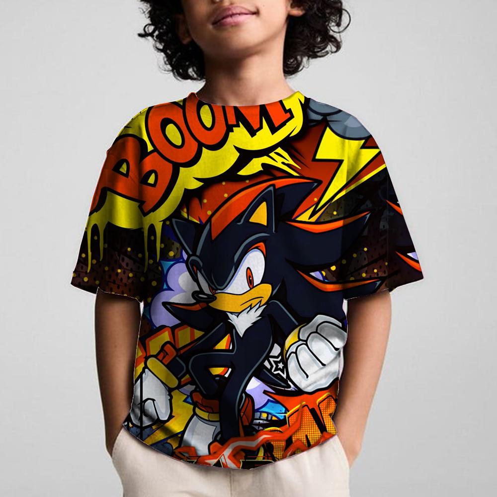 Round Neck 3D Cartoon Sonics Printed Casual Short Sleeved Children's Boy T-shirts - Soft Medium Stretch Polyester Fabric Summer Relaxed Fit Clothing