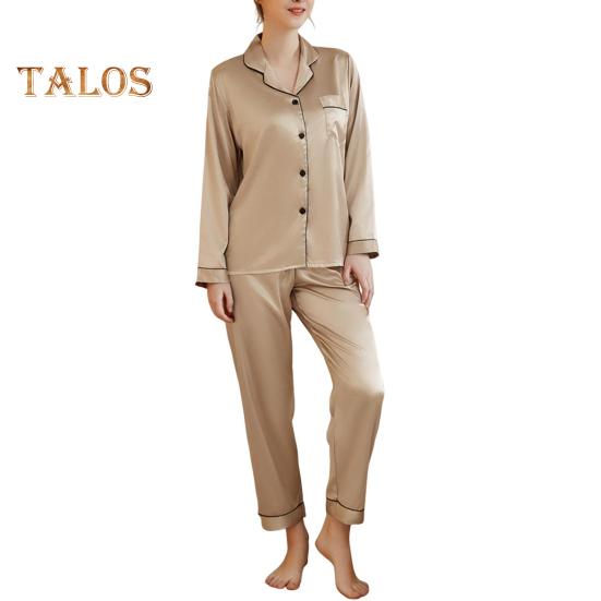 2 шт./комплект пижамный костюм атласный однобортный кардиган рубашка V-образный вырез воротник однотонная рубашка широкие свободные брюки ночная рубашка одежда для сна