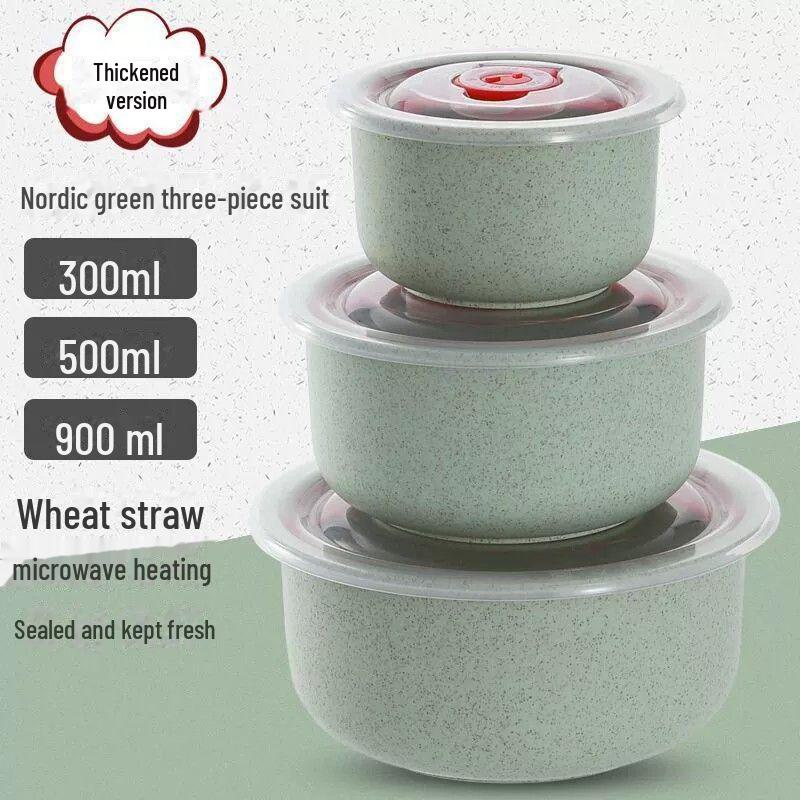 Eco-Friendly Wheat Straw Food Storage Bowl Set with Lids - 3 Pieces, Microwave Safe