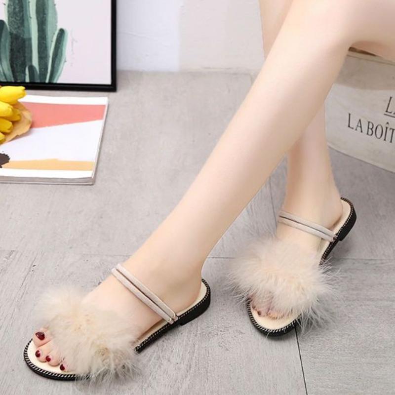 Сандалии женские тапочки на низком каблуке пушистые шлепанцы розовые летние винтажные туфли с перьями для женщин 2024 Junior Soft корейский стиль I