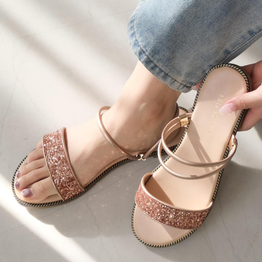 2WAY Сандалии на плоской подошве с двойным ремешком FX2104 Белый Серебристый [AmiAmi] 1,5 см Женские (L(24,0 см), Питон)