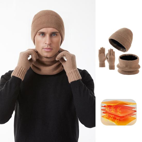Yousheng 3Pcs/Set Winter Hat Scarf Gloves Set Solid Color Windproof Brimless Hat Neck Warmer Touch Screen Gloves Set