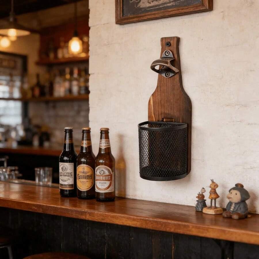 Wall-Mounted Wooden Beer Bottle Opener with Mesh Cap Catcher Rustic Bottle Opener for Home Bar Kitchen Outdoor Use Ideal Gi 6