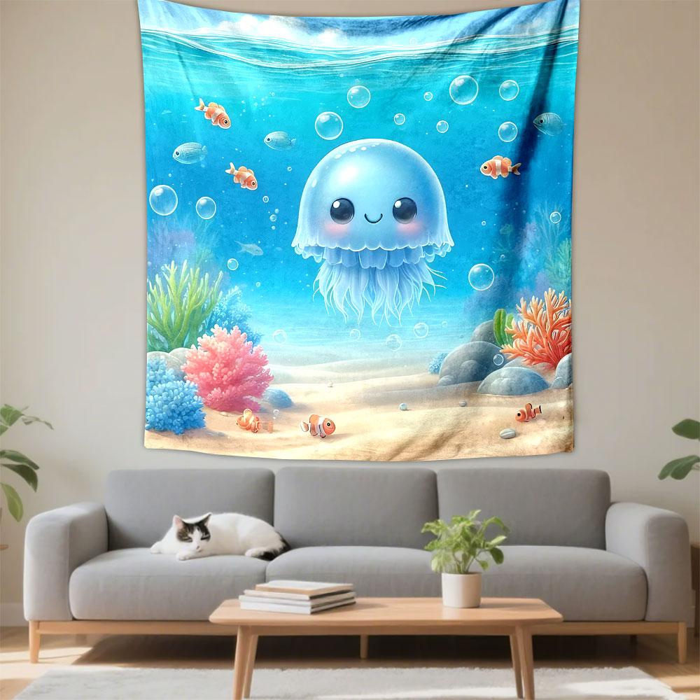 Cute Cartoon Jellyfish Underwater Scene Patterned Tapestry Decorative Wall Hanging, Home Bedroom Living Room Decor