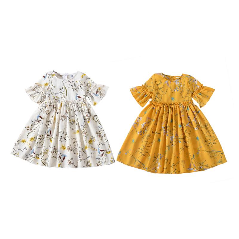 Летнее платье для маленьких девочек, повседневное платье с цветочным принтом для младенцев, милые платья с короткими рукавами и цветочным принтом, пышный сарафан.