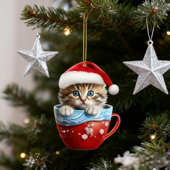 Christmas Pendant 2D Acrylic Cat Sitting Mug Charm Hanging Decor with Lanyard Holiday Party Decoration