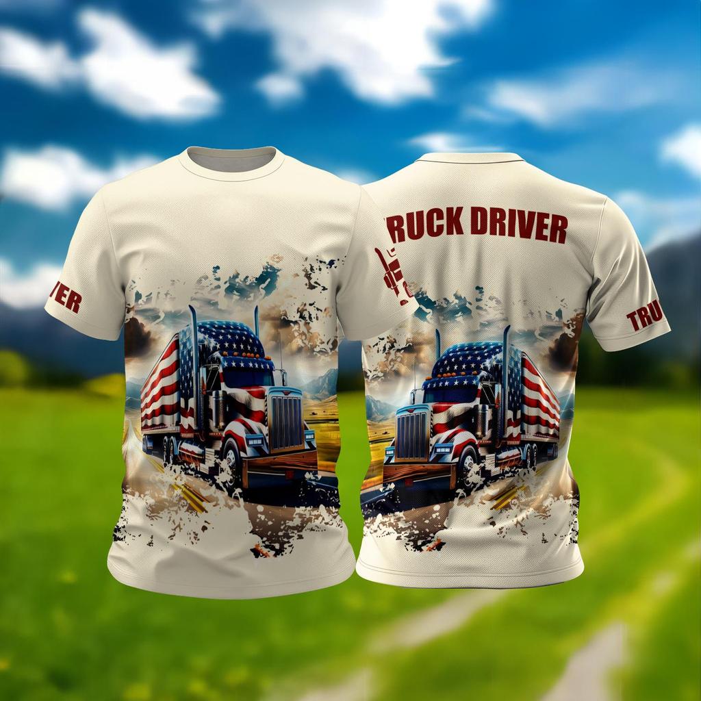 Casual Men's T-Shirt Summer Short Sleeve Tops Driver Truck Pattern Print O-Neck Pullover Oversized Male Clothing Outdoor Tees