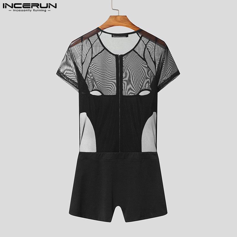 INCERUN Мужские сетчатые комбинезоны с застежкой-молнией и длинным рукавом в стиле пэчворк, прозрачные, короткие, комбинезоны, боди