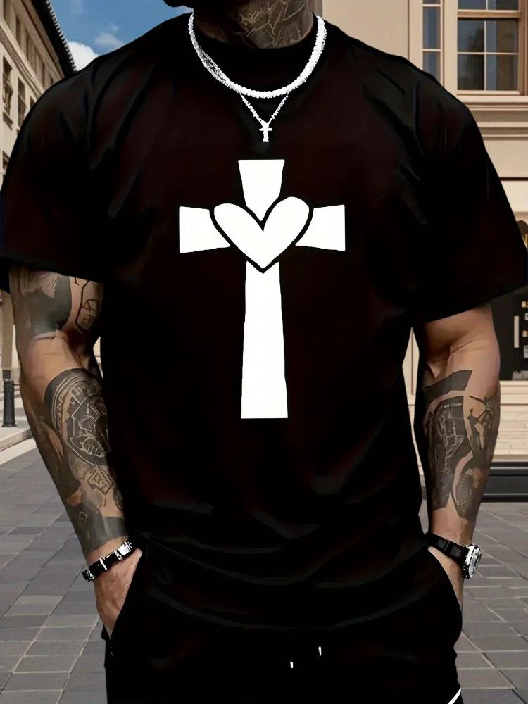 Unisexs Cotton Crew Neck Short Sleeve Tee Heart Cross Faith Love Graphic Casual Street Daily Soft Loose Fit Male Outdoor Basic Wear