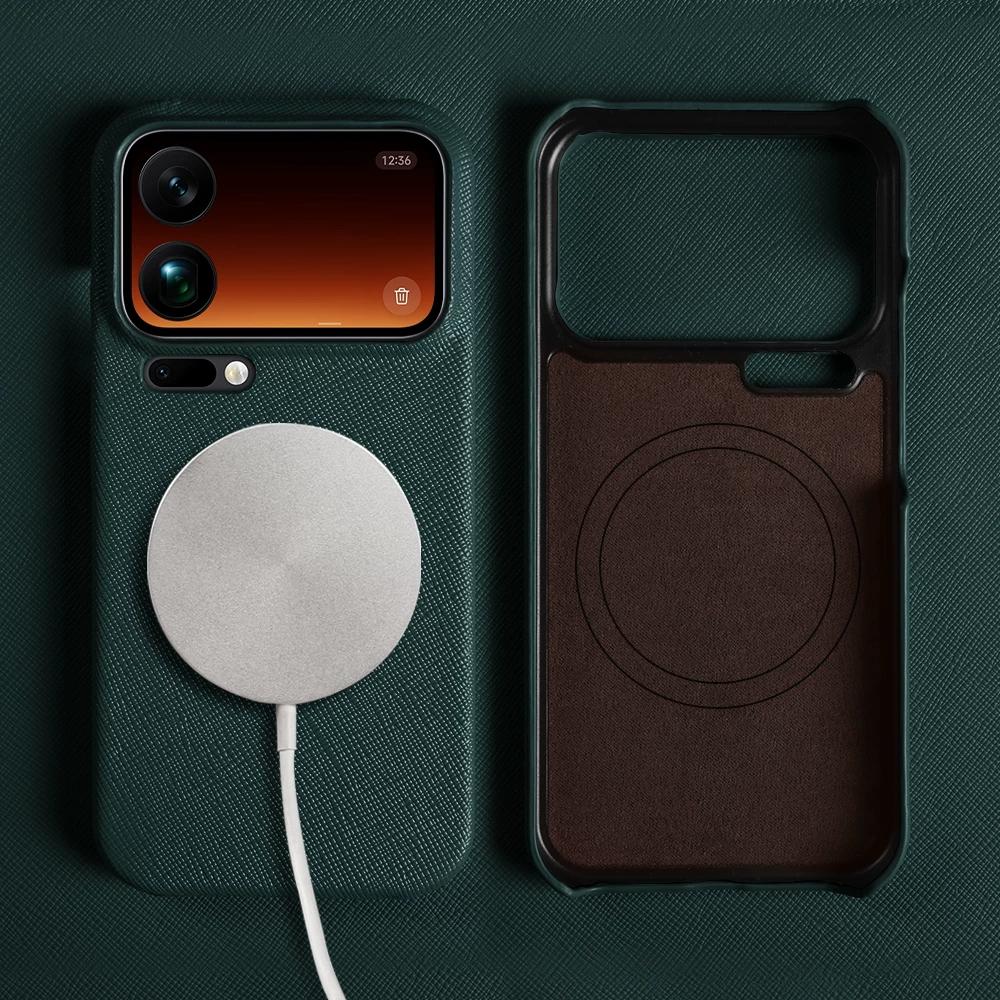 Luxury Cross Grain Genuine Leather Phone Case for Xiaomi 17 Pro Max 17T 15 Ultra 15 Pro 14T Pro Magnetic Shockproof Half Wrap