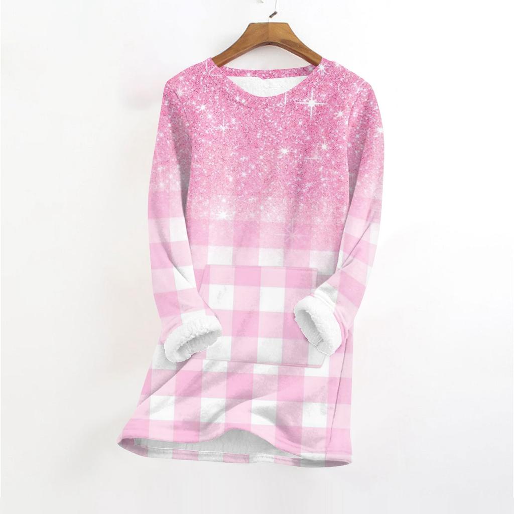 Женский модный плюшевый теплый пуловер с принтом, круглым вырезом и длинными рукавами