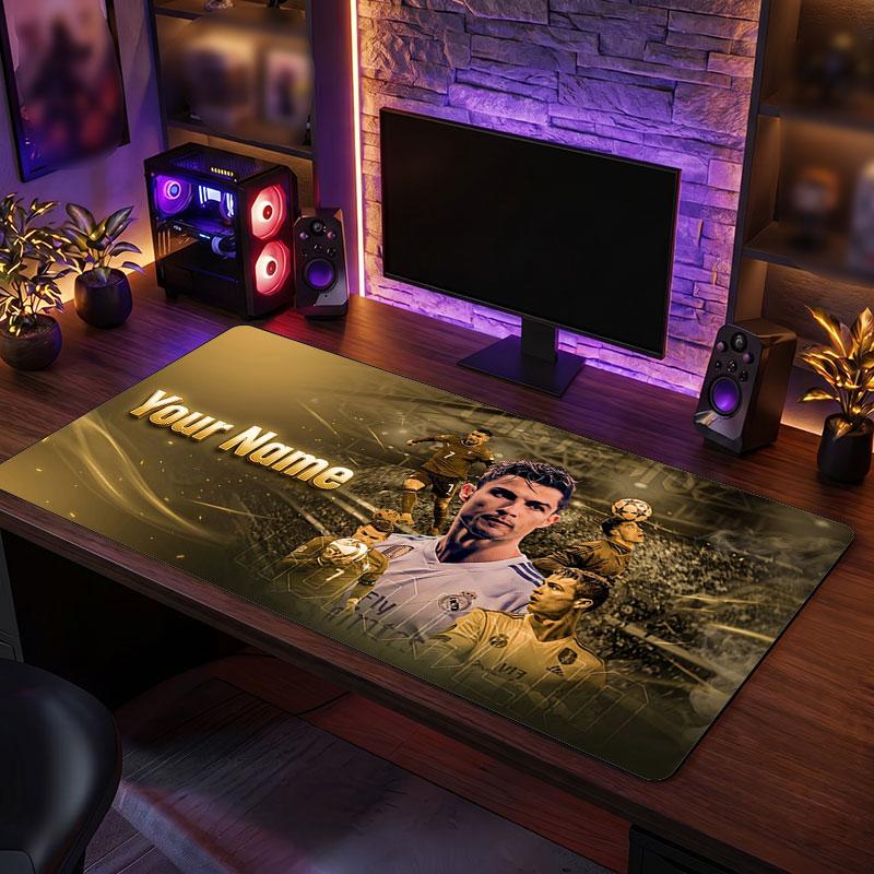 Cristiano Ronaldo Custom Large Mouse Pad, Personalized Name Text Print, Football Logo Non‑Slip Desk Mat Gaming Gift