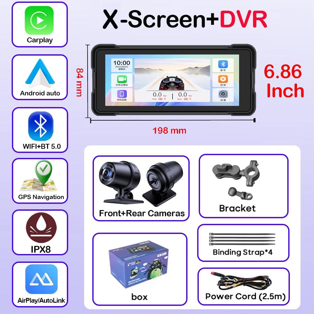 Портативная GPS-навигация 6,86 дюйма, мотоциклетный водонепроницаемый дисплей, Moto Wireless Carplay Android Auto, двойной DVR-монитор, видеорегистратор