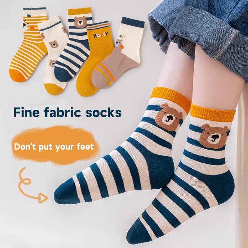 5Pairs Girl Mid-tube Socks Autumn Winter New Style Children's Socks Mid-high Long Dinosaur Cartoon Design Boys Girls 1-14Years