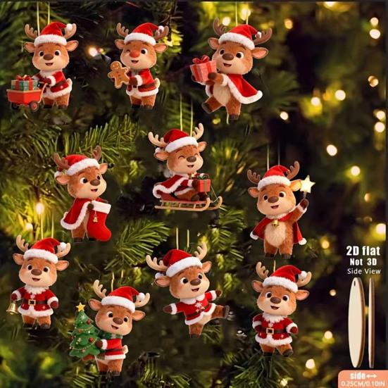 Winter Holiday Tree Decorations Christmas Elk Ornaments, 2D Flat Wooden Cute Reindeer Hanging Decoration, Cartoon Rustic Ornaments Deer Pendants with