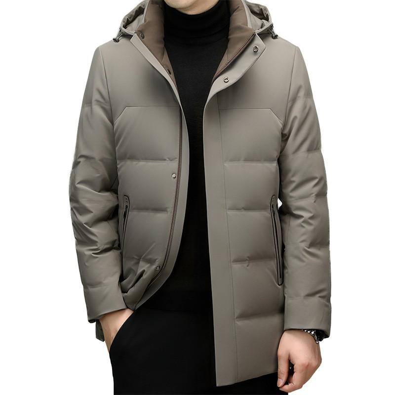 Mens Mid-Length Hooded Down Jacket With Stand Collar 90% White Duck Winter Warm Casual Coat