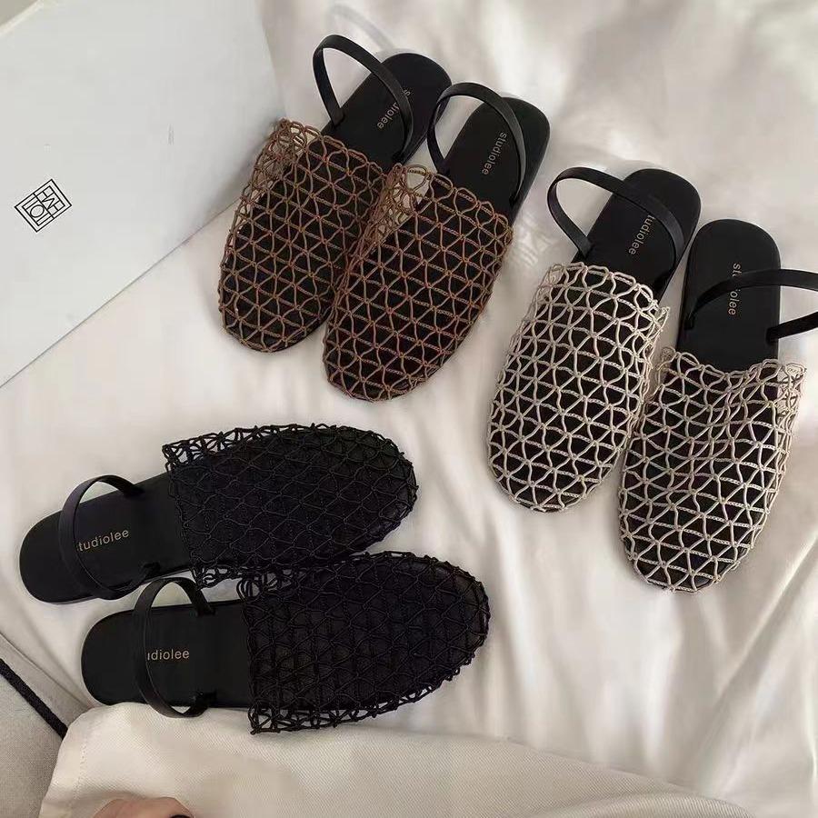 Weaving Summer European and American New Roman Sandals Women's Flat-bottomed Bag Head Half Slippers Hollowed Out Niche Fisherman Round Head Fishing