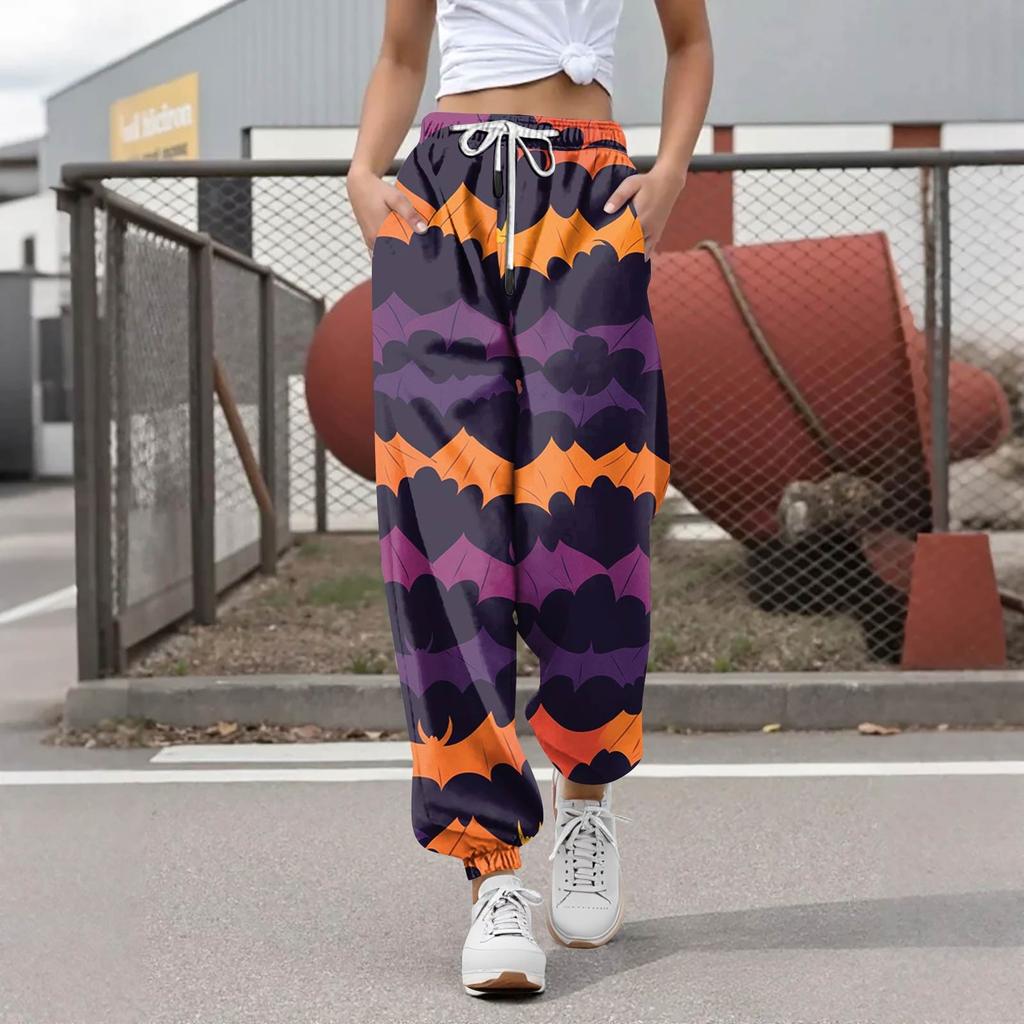 Женские повседневные модные брюки для отдыха с принтом на Хэллоуин, спортивные штаны, брюки с эластичной резинкой на талии, брюки со шнурком