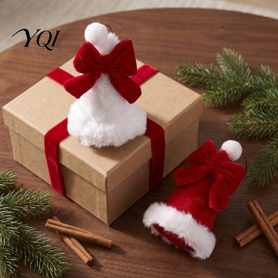 Holiday Tree Tower Pendants Plush Santa Hat Christmas Ornament with Bow Decor, Xmas Hanging Pendant Window Display Charms Lanyard for Decoration, Red
