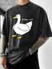 Мужская стираная футболка с принтом 'Follow The Goose Design' Летняя хип-хоп футболка с круглым вырезом Хлопковая спортивная одежда Повседневная Оверсайз С коротким рукавом