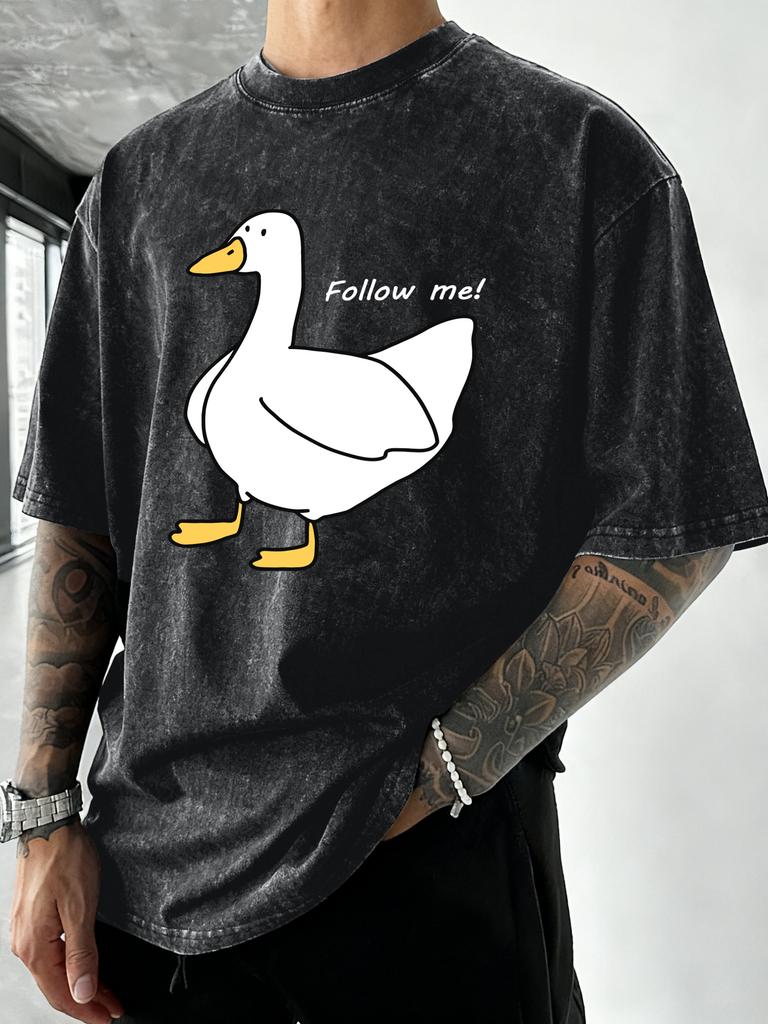 Мужская стираная футболка с принтом 'Follow The Goose Design' Летняя хип-хоп футболка с круглым вырезом Хлопковая спортивная одежда Повседневная Оверсайз С коротким рукавом
