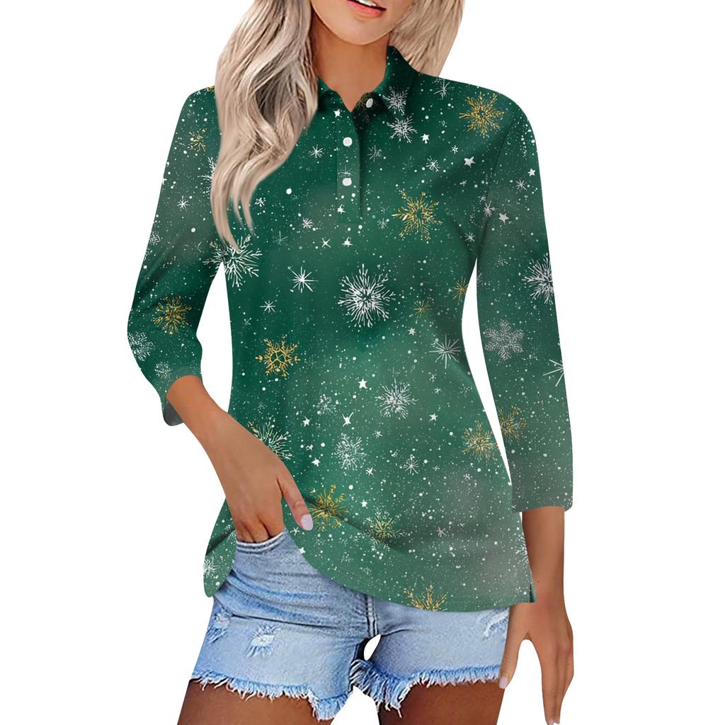 Women's Fashion Casual Lapel Short 3/4 Sleeve Christmas Print Shirt Women's Button Up Tops
