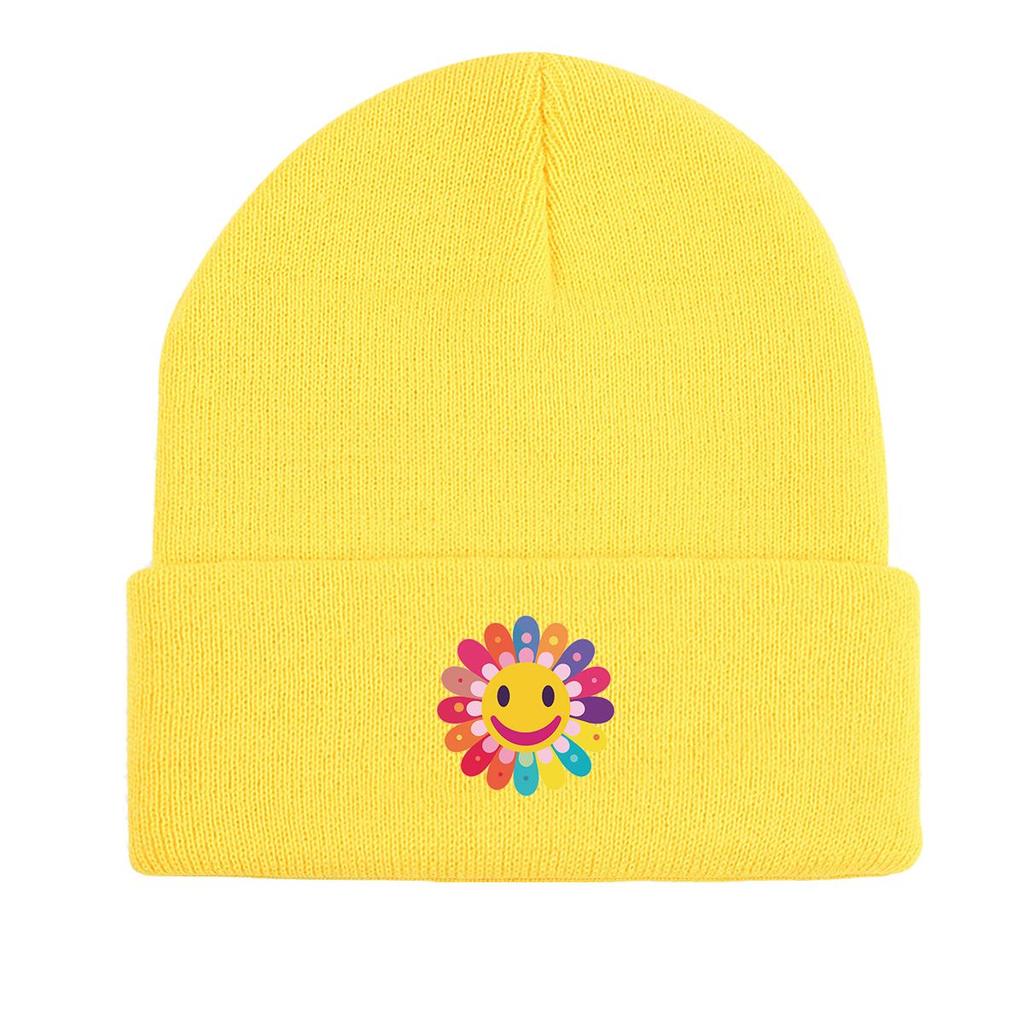 Цветной узор с изображением улыбающегося цветка, вязаная шапка, женская шапка, подходит для пациентов с раком, страдающих химиотерапией, повседневные шапки с помпоном, вязаная шапка, шапка