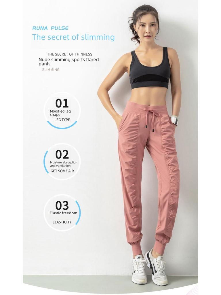 Women's Quick-Dry Pleated Sports Pants - Summer Running, Fitness, Casual Straight-Leg Design with Drawstring.