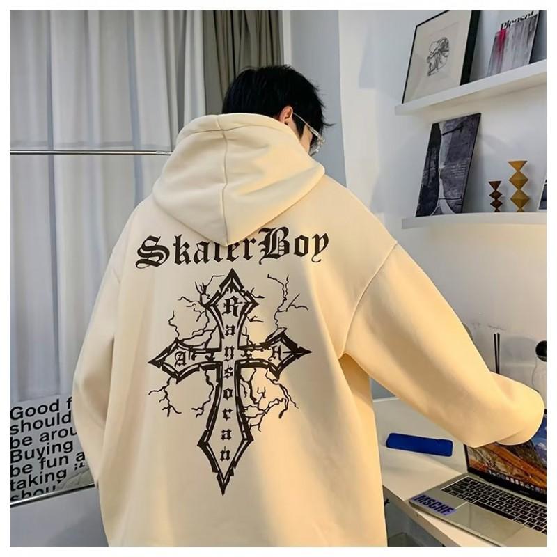 Mens Hoodie Cross Print High Street Trendy American Vintage Loose Fit Casual Sweatshirt