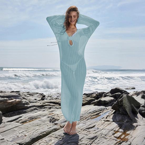 Женское пляжное платье с открытой спиной, трикотажным принтом, шнуровкой на бретелях, V-образным вырезом, свободным халатом, длинным рукавом, защитой от солнца, женским купальником-бикини, пляжной одеждой