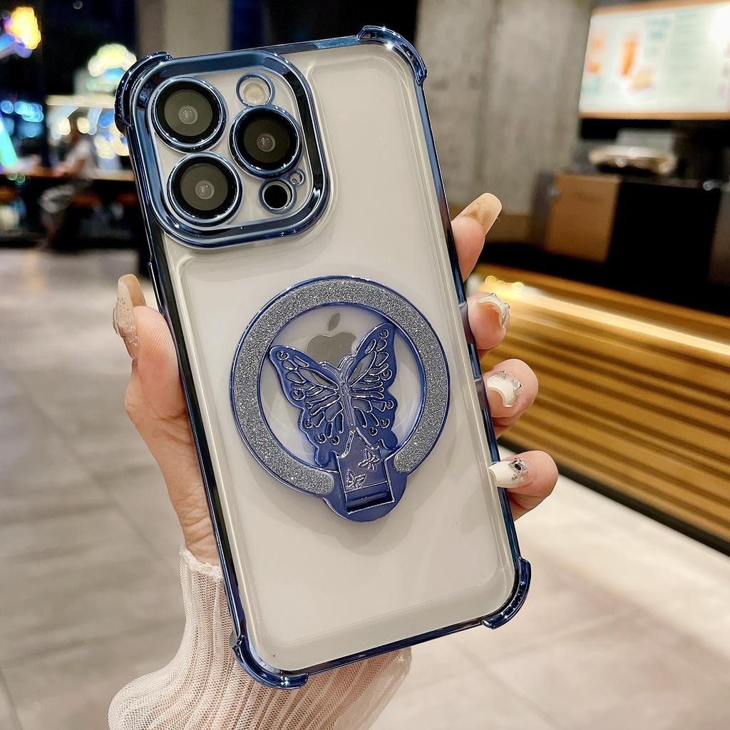 Applicable to iPhone16ProMax mobile phone case butterfly glitter bracket Apple 15 four corners anti-drop protective case